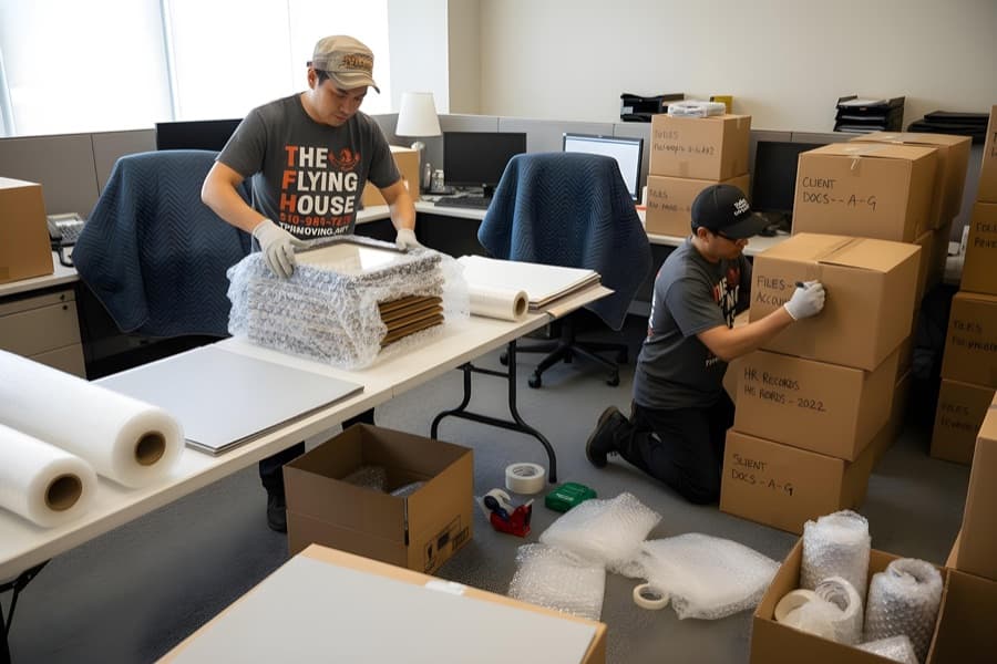 Professional packers wrapping items